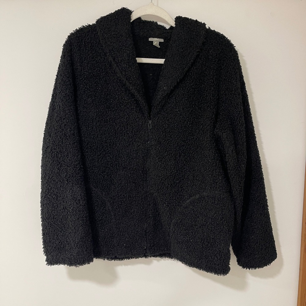 J. Jill Sherpa Fleece Zip Jacket Womens Medium Black Shawl Collar | Minimalist